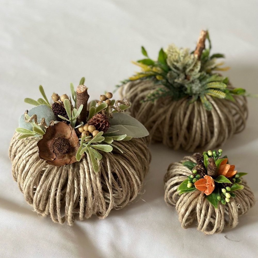 Handcrafted twine pumpkins